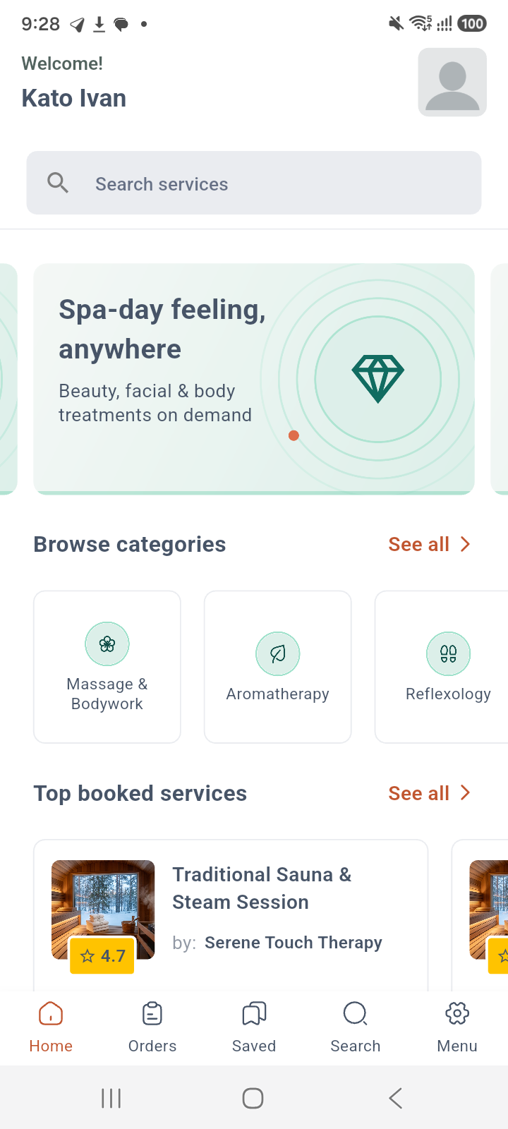 Wellness to Book customer app home screen